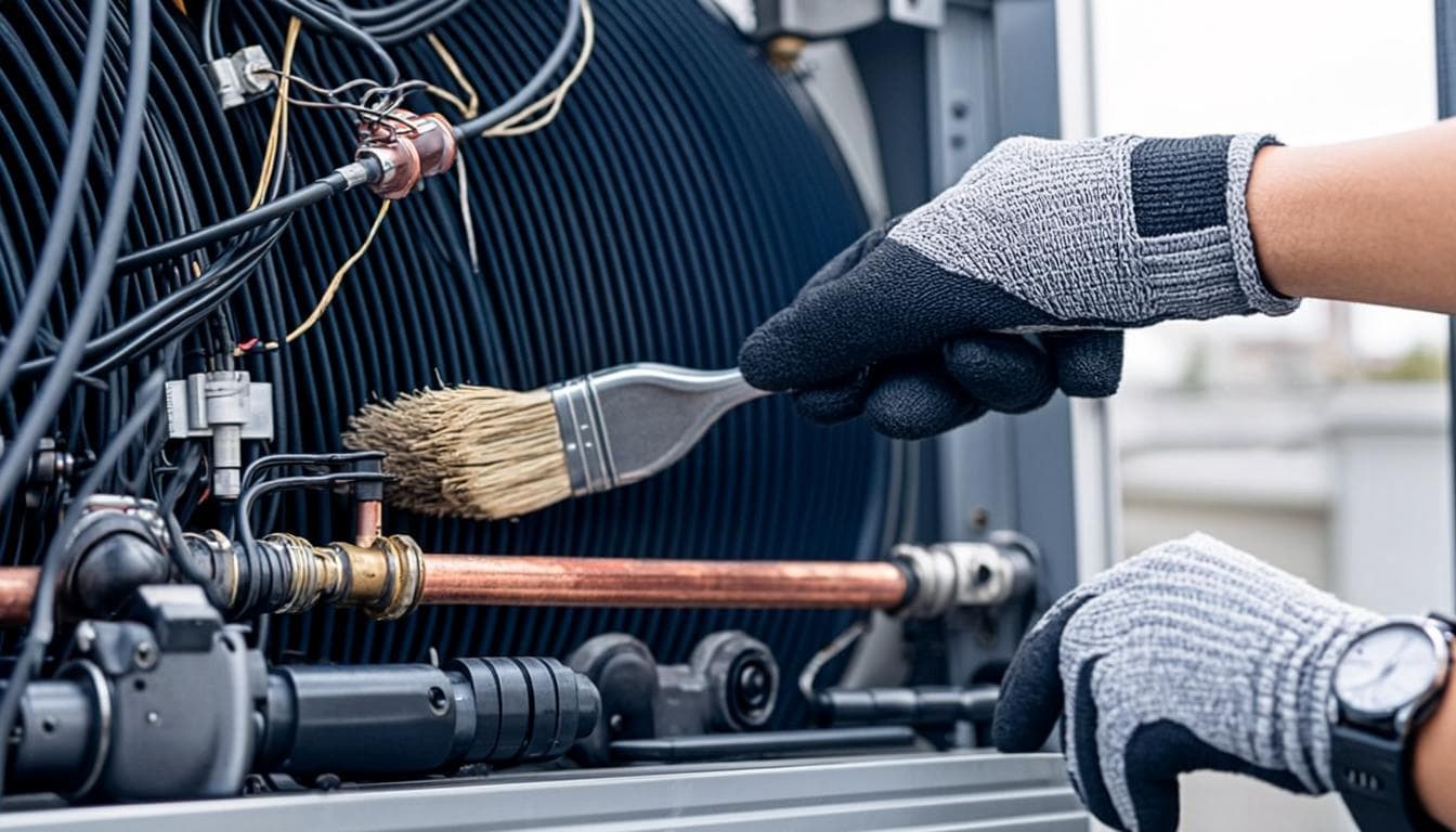 Dubai Chill Pros technician performing deep coil cleaning and AC maintenance