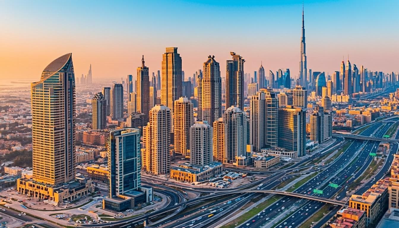 Aerial view of Dubai Jumeirah Lakes Towers skyline at golden hour, the home base of Dubai Chill Pros