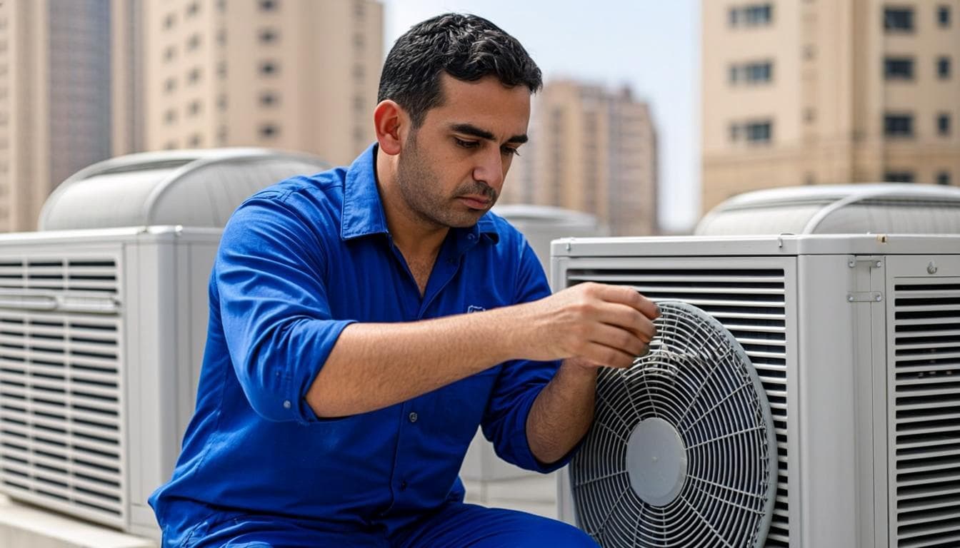 Dubai Chill Pros HVAC technician servicing an outdoor air conditioner condenser unit in Dubai